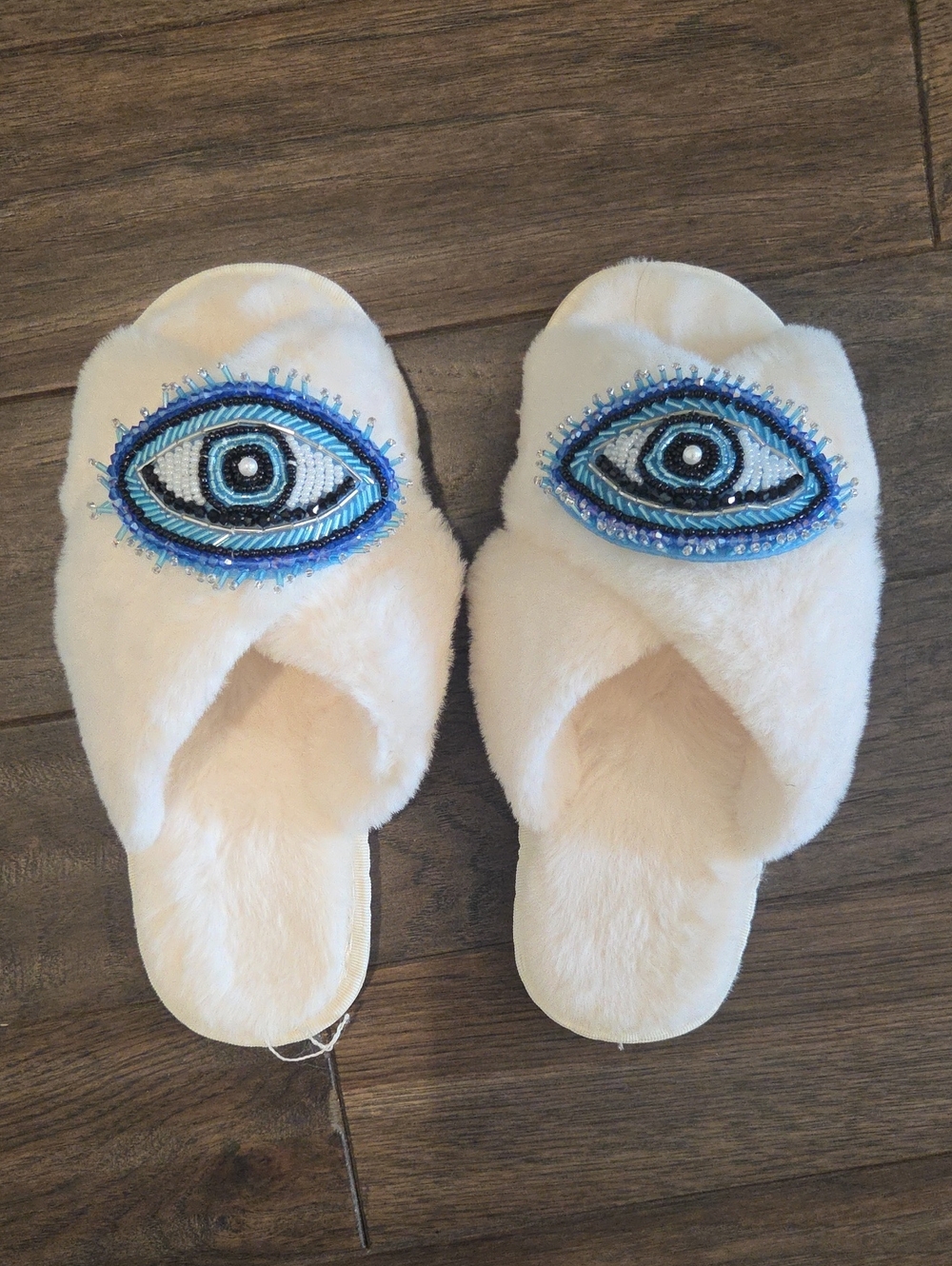 Plush Faux-Fur Slide Slippers with Blue Beaded Eye Accent - Women